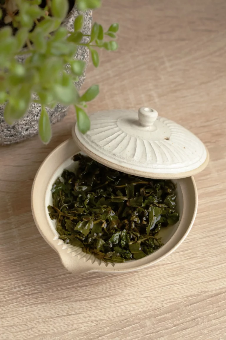 Infusion d'un thé semi-oxydé dans un infuseur à bec plat. On peut voir les feuilles du thé et la liqueur à l'intérieur. L'infuseur, s'appelant un Shiboridashi est disposer sur une planche en bois claire. En haut, dans l'angle à gauche il y a une plante grasse, des feuilles en formes de perles dans un pot avec une texture de pierre brute. Représentative de la dégustation et la découverte du thé en Île-de-France