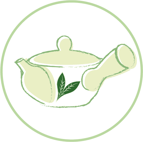 Pictogramme d'une théière japonaise Kyusu avec un manche sur le côté droit. Elle est de deux tonnalités vertes (claire et foncée) sur un fond blanc. Un cercle vert clair l'entoure. Ce pictiogramme représente les ateliers : "Thé Merveiller de la feuilles de thé à la tasse"