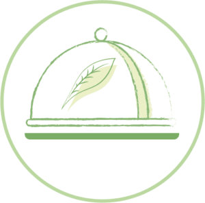 Un pictogramme d'une cloche de plat en blanc et vert avec une feuille verte. Le tout entouré d'un cercle vert. Ce pictiogramme représente les ateliers : "Thé Merveiller en accordant la liqueur à un mets"