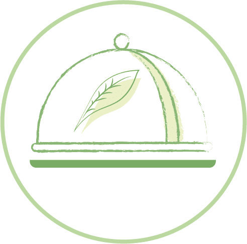 Un pictogramme d'une cloche de plat en blanc et vert avec une feuille verte. Le tout entouré d'un cercle vert. Ce pictiogramme représente les ateliers : "Thé Merveiller en accordant la liqueur à un mets"