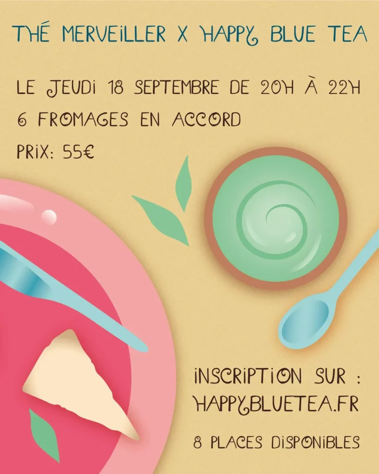Affiche pour l'atelier "Accords Thés et Fromages" c'est une illustration sur un fond jaune orangé, une assiette rouge à gauche avec un morceau de fromage et un couteau dessus. A droite une tasse à thé vert.