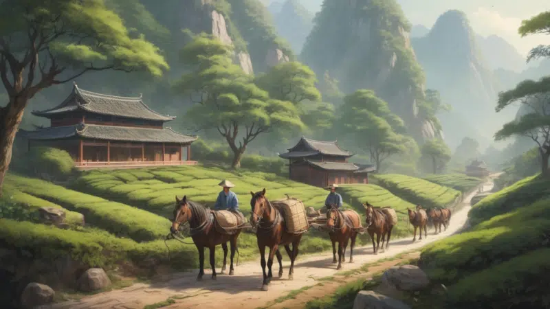 Cette illustration a été générée par l'IA. Elle est représentative du voyage des feuilles de thé de l'Asie à l'Occident par la route du thé avec les chevaux. Rencontre et évènement autour de l'histoire du thé