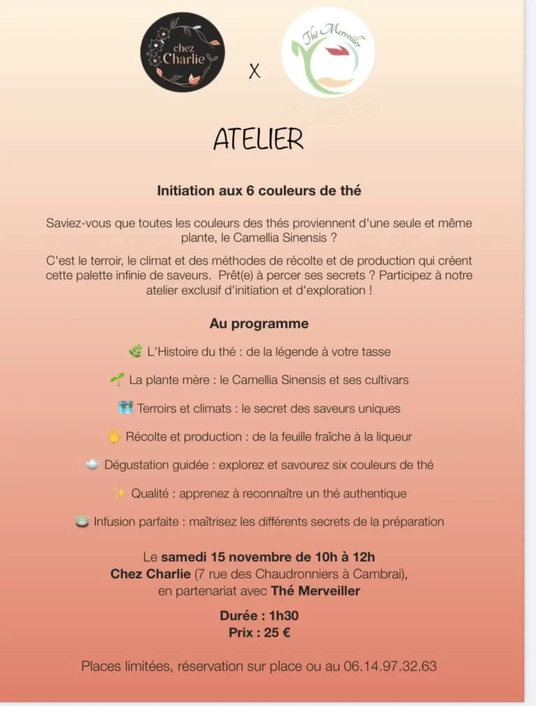 Affichez Atelier d'Initiation aux 6 couleurs de Thés au Salon de Thé Chez Charlie à Cambrai. L'affiche est sur une fond dégradé rouge orangé : il décrit le programme : histoire du thé, la plante, terroirs, climat, récolté, production.