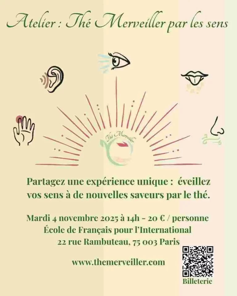 Affichez pour l'Atelier Thé Merveiller par les sens - elle comprend comme un lever de soleil dessiné par des traits avec les symboles des 5 sens : la vue, le toucher, l'ouiie, le goût et l'odorat.
