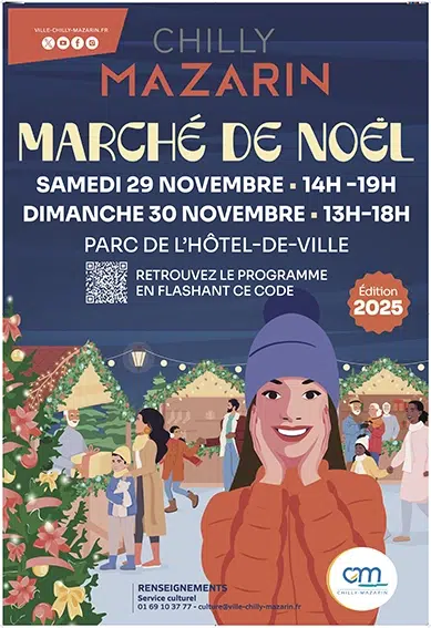Affiche officielle pour le Marché de Noël de Chilly Mazarin 2025. Sur un fond bleu marine sont inscrite les dates, horaires d'ouverture. Illustration d'une femme habillée avec un pull rouge et un bonnet bleu sourit. Derrière elle, on aperçoit 3 chalet en bois décorés avec des décorations de Noël