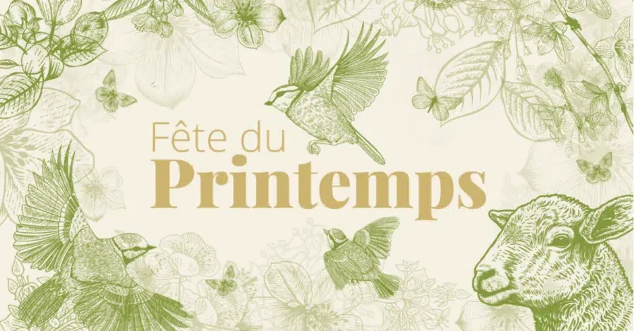 Affiche de la fête du Printemps de Montgeron 2026 représantant des illustations vertes d'animaux sur un fond beige. Des oiseaux, un moutons