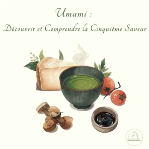 "Umami - Cinquième saveur" un flyer représentant en illustration différents aliments de la saveur Umami : parmesan, tomate, thé, champignon et sauce soja