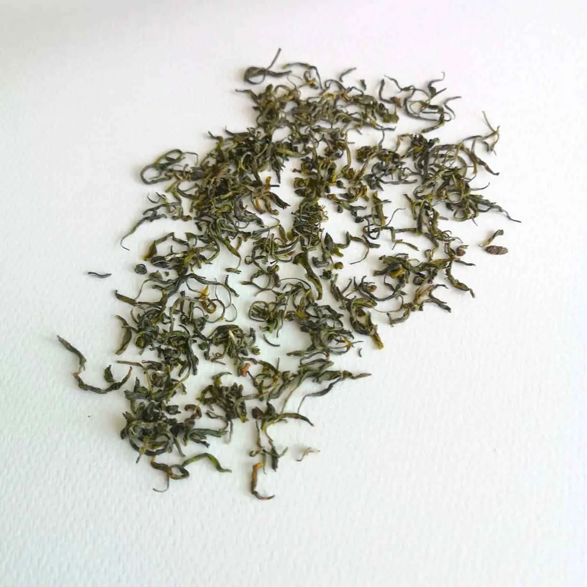 Photographie packshot sur fond blanc du thé vert Guizhou Mao Feng.