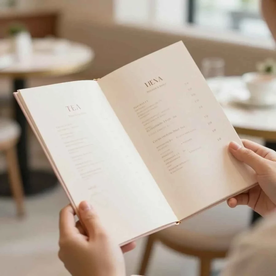Image créée à partir de l'IA. Représente une personne dans un restaurant tenant une carte de thé. Dans le fond des tasses et des chaises. Cette image a été créer pour l'accompagnement en tant que consultante, sommellerie du thé "Composition sur-mesure : l’écriture de votre carte de thés"