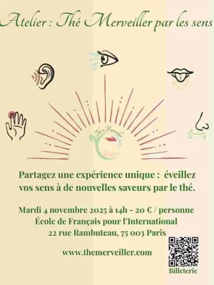 Affichez pour l'Atelier Thé Merveiller par les sens - elle comprend comme un lever de soleil dessiné par des traits avec les symboles des 5 sens : la vue, le toucher, l'ouiie, le goût et l'odorat.